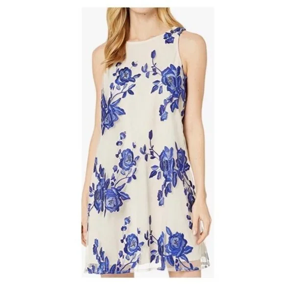 sachin and babi light blue dress Beige By ECI Dress Womens Medium Dark Romantic Embroidered Overlay Floral  Tie main image 0